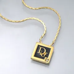 Dior Vintage 一粒ストーン×ブラックロゴプレートネックレス ゴールド