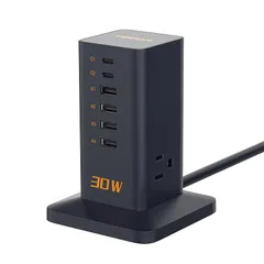 USB 充電器 30W 充電ステーション 急速充電器 電源タップ タワー式 usb付き 延長コード 2m 3AC差込口 4USB-A 2USB-C コンセント スマホ充電器 USBチャージャー タップiPhone Galaxy Android など機器対応 1