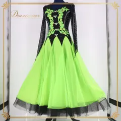社交ダンス 衣装 スタンダードドレス スタンダード ドレス ワンピース 黒 黄緑 フリル グリーン系 デモ 競技用 長袖 パーティ 鮮やか フリル付き 可愛い デザイン 大人用 刺繍 スタイル おしゃれ パーティー用 デモ用