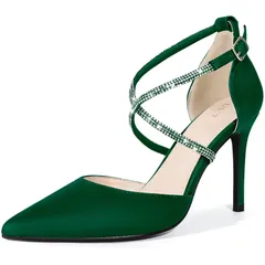 Perphy ポインテッドトゥ クリスクロス ラインストーン アンクルストラップ スティレットヒール パンプス レディース 緑 25.0cm