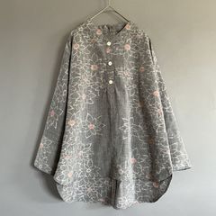 着物リメイク 紬 チュニック カットソー シャツ スタンドカラー花柄  | Japanese Vintage Kimono Remake Tops, Tsumugi, Flower pattern #2406-005