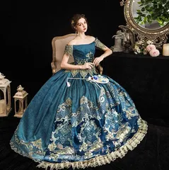 ★ドレス グリーン フリーサイズ 貴族ドレス ロングドレス ファスナータイプ 刺繍 オフショルダー 中世貴族風 中世 宮廷 お姫様 お嬢様 舞台衣装 ステージ オペラ 声楽 舞台 発表会 演奏会 パーティー da744s1