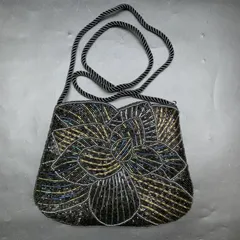 F331 ヴィンテージ 総ビーズ ビーズバッグ ショルダーバッグ ポシェット ブラック/ゴールドー/シルバー系 パーディーバッグ ハンドバッグ