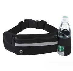 ランニングポーチ 大容量収納 蛍光反射 伸縮ベルト 防水 イヤホン穴 ランニングバッグ ウエストポーチ (ブラック)[定形外郵便、送料無料]mer003