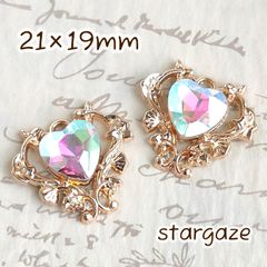 【 3個 】 21×19mm ハート唐草文様 センターパーツ ストーン ビジュー オーロラクリア×ゴールドフレーム