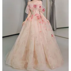 イブニングドレス ウェディングドレス 二次会 フレア Aライン 花びら コサージュ オフショルダー 演奏会 花嫁 白 ワンピース パーティードレス 前撮り ブライダルのサムネイル