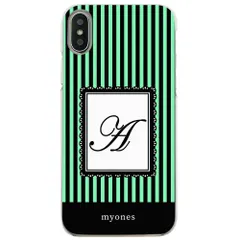 【新品未使用】iPhone11 Pro Max アイフォン11プロマックス クリア ハードケース ( ストライプグリーン  イニシャルA ) ボーダー ストライプ イニシャル アルファベット