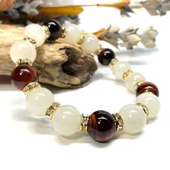 ムーンストーン&レッドタイガーアイ パワーストーン ブレスレット 天然石ブレス (ゴールド) 12mm メンズ　レディース 男性 女性 6月誕生石 恋愛運 恋人 夫婦円満 縁結び 数珠  □