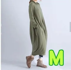 カジュアルワンピース　ゆったり切り替えワンピ　カーキ　体型カバー　大きいサイズ