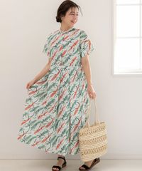 匿名配送【新品・未使用】ライトグリーン M バンドカラーシャツ プリント半袖ワンピース