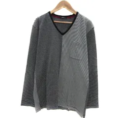 コムサイズム COMME CA ISM Tシャツ カットソー 長袖 Vネック ロング丈 ボーダー柄 L 黒 ブラック 白 ホワイト /YS38