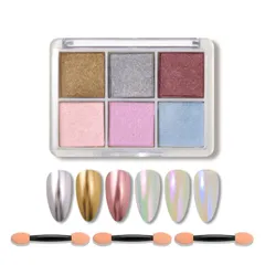 【数量限定】メタリックネイルパウダー ジェルネイル チップ付き レジン ネイルアート パウダー ミラーネイル オーロラパウダー (E) パレット 6色 ネイルパウダー 固形 ミラーパウダー