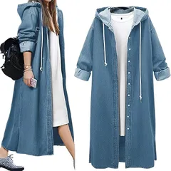 AIR BY(エアバイ) フード付き 長袖 デニムコート レディース ロングコート デニムジャケット スプリングコート( ライトブルー,  2XL)