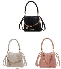 プリーツショルダーバッグ チェーン装飾 ミニバケットバッグ レディース オフィスカジュアル ハンドバッグ 小さめ スクエアPUレザー鞄 コンパクト2wayバッグ 人気 肩掛けカバン 韓国風手提げバッグ 斜めかけバッグ新作