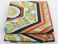 平和屋着物◎六通柄袋帯　唐織　亀甲花文　黒地　金銀糸　正絹　逸品　AAAF5817Ast