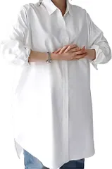 Banane D'or レディース ロング丈 長袖 襟付き シャツ ワンピース ブラウス チュニック(ホワイト,  L)