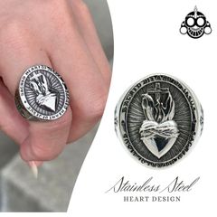 ステンレス 指輪 リング セイクリッドハート＆クロス シグネットリング ゴシック ステンレスリング 金属アレルギー つけっぱなし サージカルステンレス