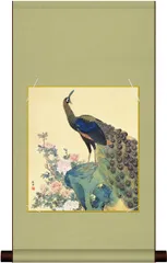 孔雀と花　掛軸　水彩画　日本画 孔雀と花　掛軸　水彩画　日本画
