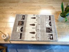 ペルシャ　ギャッベ　パルヴィーズ　コルクウール　カシュクリ　ラグ　マット　90x60cm　風景　無染め　RJ12850