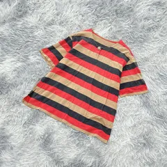 【良品】半袖カットソー  ボーダー柄  ワンポイント飾りボタン  (F)  昭和レトロ  個性的  レディース  赤系  レッド【送料無料】