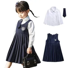 90_ネイビー(長袖) [ANANI] 3点セット フォーマルスーツ ワンピース ガールズ 女の子 卒業式 3点セット 長袖シャツ+ノースリーブワンピース+リボン キッズ セットアップ 子供服 子供ワンピース 七五三 発表会 入学式 卒園式 90cm
