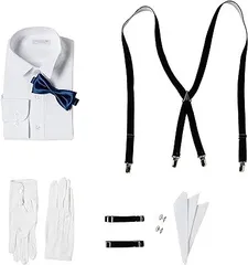 az4133　タ　[ドレスコード101] 新郎 結婚式 7点セット 結婚式セット シャツ 蝶ネクタイ カフス サスペンダー アームバンド チーフ 白手袋 メンズ 3L