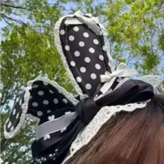 ドットうさ耳カチューシャ風ヘアクリップ 黒×白 レース＆リボン付き ロリータ コスプレ