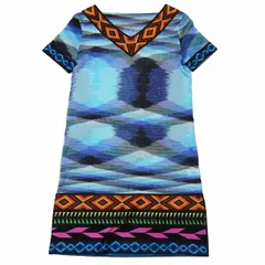 美品 ミッソーニ MISSONI 総柄 幾何学模様 メッシュ ワンピース チュニック Vネック 半袖 ショート丈 38 マルチカラー/7YBAM7 レディースのサムネイル
