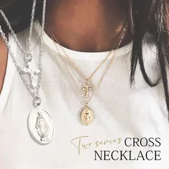 ネックレス レディース 2連 クロス マリア 聖母マリア 十字架 キリスト シンプル 二連ネックレス ダブル クロスペンダン