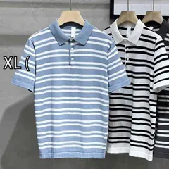 [XL (]秋冬 コーデ メンズ  服 シンプル ファッション オシャレ 大人 かっこいい 大きいサイズ ストリート 紳士服  ストライプニット ポロシャツ ビジネス カジュアル ニット T シャツ スリム 薄手 半袖
