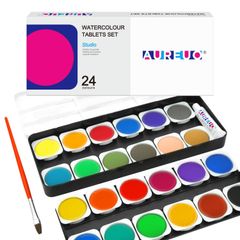 固形水彩絵の具セット - 24色の鮮やかな水彩顔料、プラスチックパレットと絵筆付き AUREUO 旅行向けの無毒顔料 - 子供、学生、初心者、絵画愛好家向けの塗料