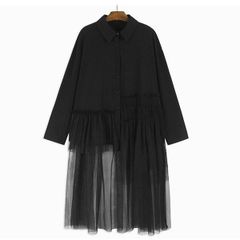 【限定】モード系  ストラップ風 洗練された　アクセント シャツワンピース  モノトーン カジュアルカット　メッシュ　パネルシャツ　個性派  舞台衣装  出演　ニューデザイン