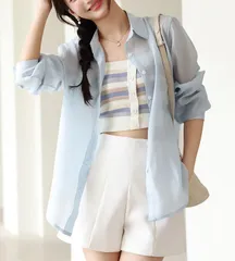 空気感たっぷり！シアー シャツ 夏 ロングシャツ レディース 薄手 ライトシャツ 涼しい 紫外線対策 冷房対策 透け サマー アウター トップス キレイめ 爽やか 日焼け対策 日よけ防止 透け感 ゆったりwangji51