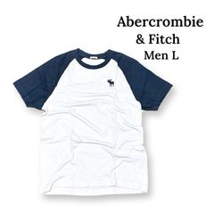 Abercrombie & Fitch アバクロンビー&フィッチ ラグラン 半袖 Tシャツ Lサイズ ホワイト ネイビー ムース ワンポイント コットン メンズ