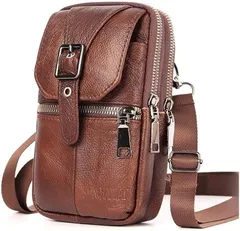 PLEAVIT スマホショルダー スマホポーチ メンズ 革 レザー 斜めがけ バッグ( ダークブラウン,  大)