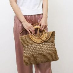 【COOCO】ラタン丸ハンドル×ペーパー2WAY ショルダー　カゴバッグ かごバッグ　キャメル