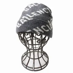 極美品☆正規品 BALENCIAGA バレンシアガ 633717 2020年製 ロゴ柄 ニットキャップ/ニット帽 グレー×ホワイト イタリア製 J08-st30302-161のサムネイル