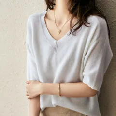 ☆ ホワイト ☆ Lサイズ ☆ サマーニット 半袖 Tシャツ サマーニット 半袖 レディース ハイゲージニット サマーセーター Tシャツ カットソー ニット トップス おしゃれ オシャレ Vネック リブ編み 涼しい 柔らかい シンプル 無地 上品 きれいめ