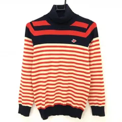 【美品】パーリーゲイツ タートルネックセーター ベージュ×レッド×ネイビー ボーダー ニット レディース 1(M) ゴルフウェア PEARLY GATES
