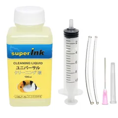 【特価セール】100ml クリーニング液 - superInk ユニバーサル 洗浄液 インクジェットプリントヘッド用（キヤノン エプソン ブラザー HP リコー）+ 手袋1組 + 10ml注入器 + 針 + キャップ + シリコーン チューブ2本