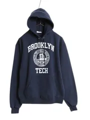 【お得なクーポン配布中!】 チャンピオン 3段 カレッジ プリント スウェット フード パーカー メンズ レディース M 古着 プルオーバー トレーナー シンプル 裏起毛 紺