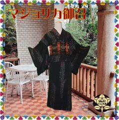 【マジョリカ御召】黒色にキラキラ更紗模様の着物