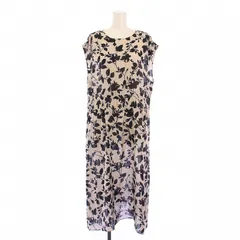 アンタイトル UNTITLED フレアワンピース ミモレ ロング ノースリーブ クルーネック 花柄 総柄 インナーキャミソール 44 グレージュ 紺 ネイビー タグ付き /BB