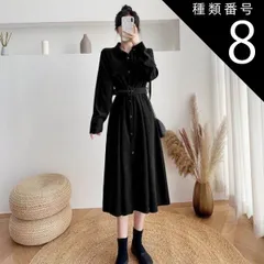 種類8：ブラック/M ベルト付き ロング シャツ ワンピース シャツワンピース ロング丈 袖あり 長袖 ボリューム袖 パフスリーブ 襟付き フレア Aライン ベルト ウエストマーク ハイウエスト 前開き 2way かわいい 大人可愛い きれいめ シンプル カジ
