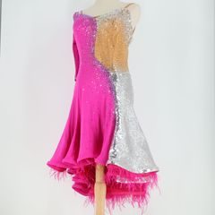 社交ダンス衣装】ピンク ラテン ドレス ワンピース フリル ファー