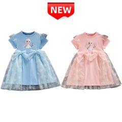 ✨新品✨アナと雪の女王 エルサ ワンピース キッズ 子供服 女子 プリンセスドレス 半袖 チュール スノーフレーク柄 リボン付き フォーマル コスプレ ブルー ピンク コスチューム 100cm 110cm 120cm 130cm 140cm 誕生日 プレゼント