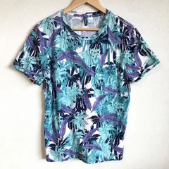 (^w^)b DIVIDED ディバイデッド H&M エイチ・アンド・エム Tシャツ ティー シャツ ポケット メンズ 花柄 丸襟 クルーネック 綿100% コットン カジュアル アウトドア タウンユース 紺 グリーン 袖 折り返し サイズ M