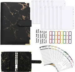 AZNABLE 家計管理 ポーチ お金管理 ファイル 6穴 家計簿 袋分け 予算管理 バインダー A6(ブラック)