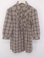 ◇ KUMIKYOKU 組曲 チェック フリル 長袖 ミニ ワンピース チュニック サイズ2 ベージュ ブラウン系 レディース P  【1302280006062】