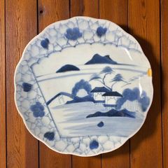 江戸後期 古伊万里 志田西山窯 手描き 大皿 皿 富士山 二本松 染付 春